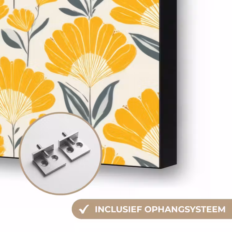 Bloemen - Retro - Botanisch - Okergeel - Grijs Textielframe zwart klein 947 -USP_ophangsysteemNL
