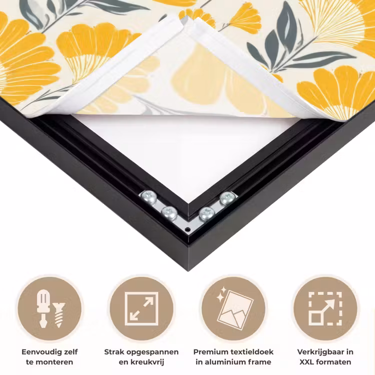 Bloemen - Retro - Botanisch - Okergeel - Grijs Textielframe zwart klein 947 -USP_feed_closeupNL