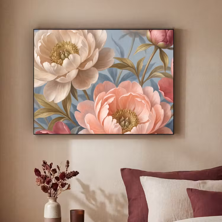 Bloemen - Roze - Beige - Modern - Natuur Textielframe zwart klein -sfeer1