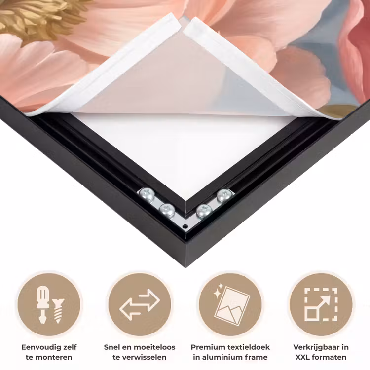 Bloemen - Roze - Beige - Modern - Natuur Textielframe zwart klein -USP_closeupNL