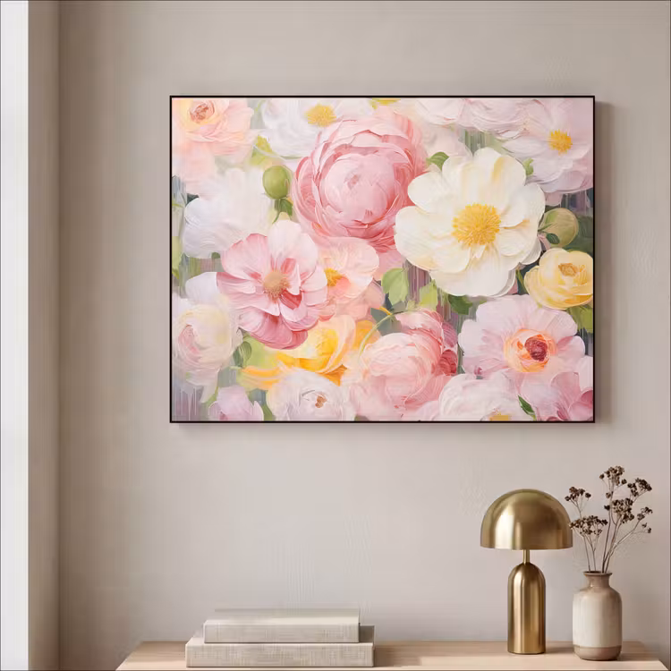Bloemen - Roze - Botanisch - Kunst - Acrylverf Textielframe zwart klein -sfeer2
