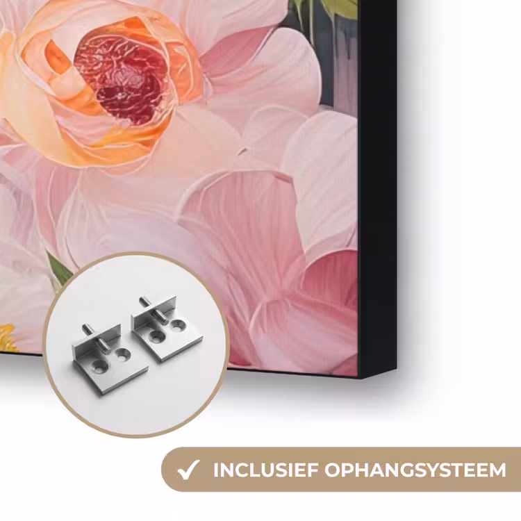 Bloemen - Roze - Botanisch - Kunst - Acrylverf Textielframe zwart klein -USP_ophangsysteemNL