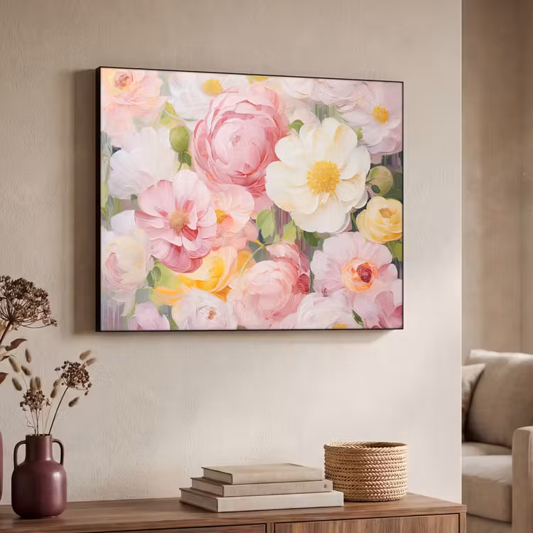 Bloemen - Roze - Botanisch - Kunst - Acrylverf Textielframe zwart klein -sfeer3