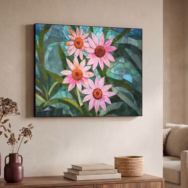 Bloemen - Roze - Glasmozaïek Textielframe - compleet frame klein -sfeer3