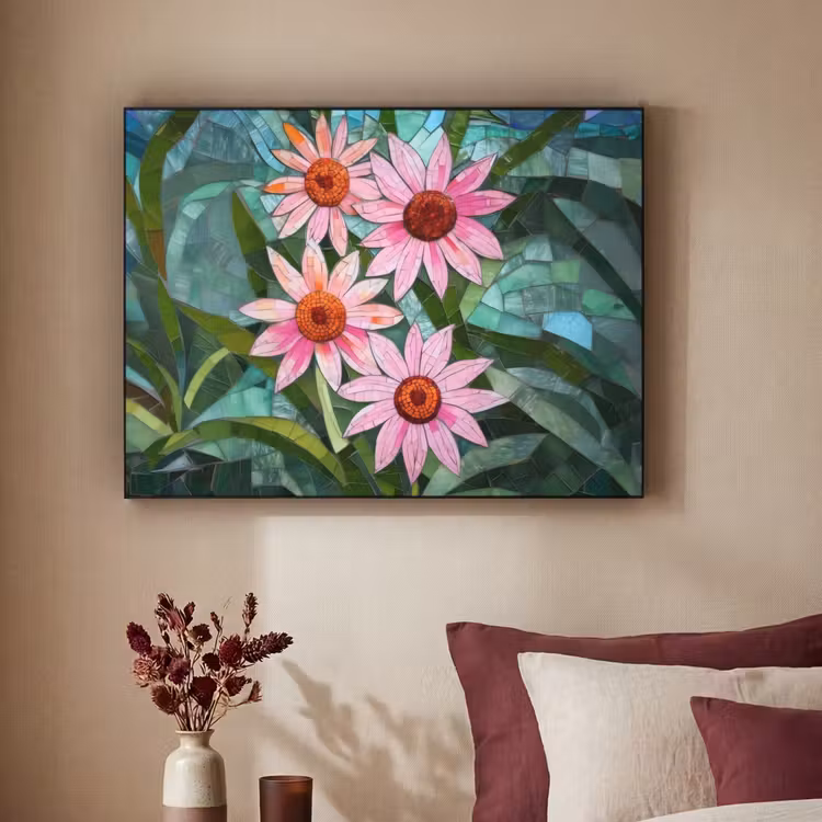 Bloemen - Roze - Glasmozaïek Textielframe zwart klein -sfeer1