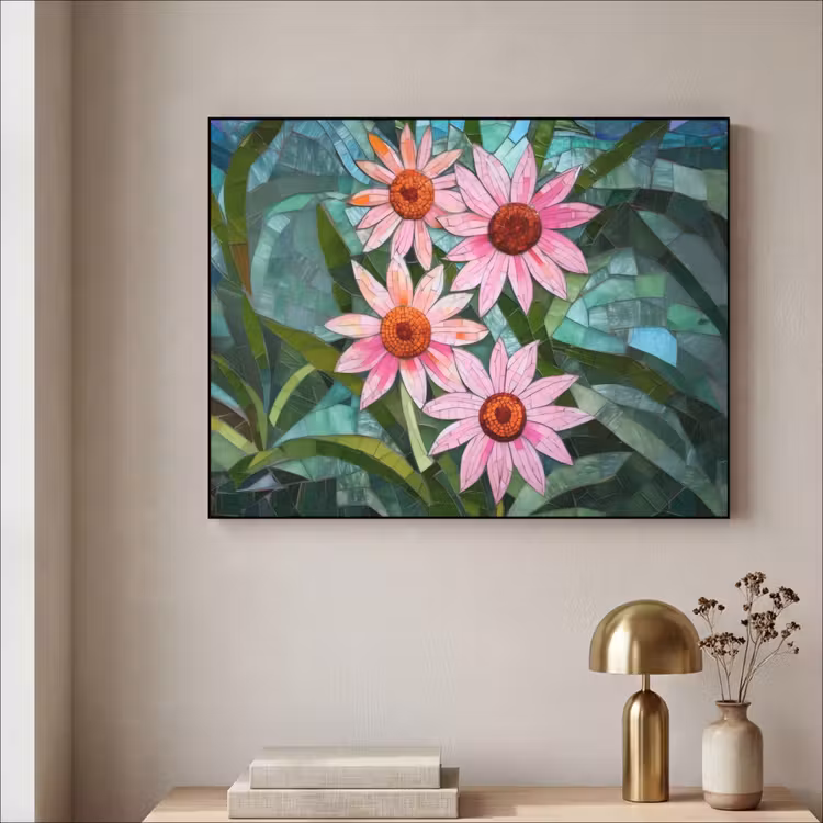 Bloemen - Roze - Glasmozaïek Textielframe - compleet frame klein -sfeer2