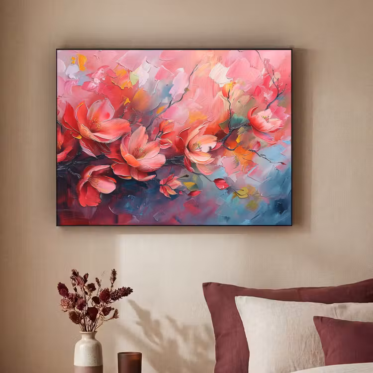 Bloemen - Roze - Natuur- Kunst - Abstract Textielframe zwart klein -sfeer1