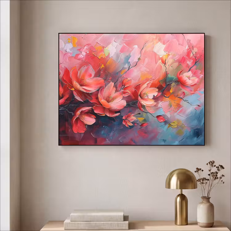 Bloemen - Roze - Natuur- Kunst - Abstract Textielframe zwart klein -sfeer2
