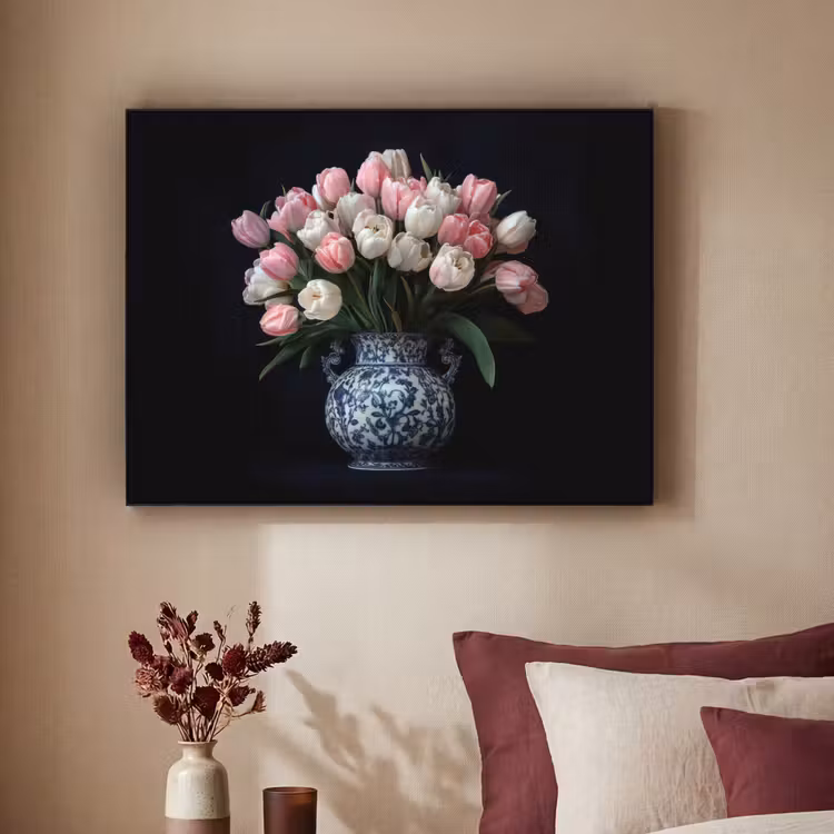Bloemen - Roze - Tulpen - Vaas Textielframe - compleet frame klein -sfeer1