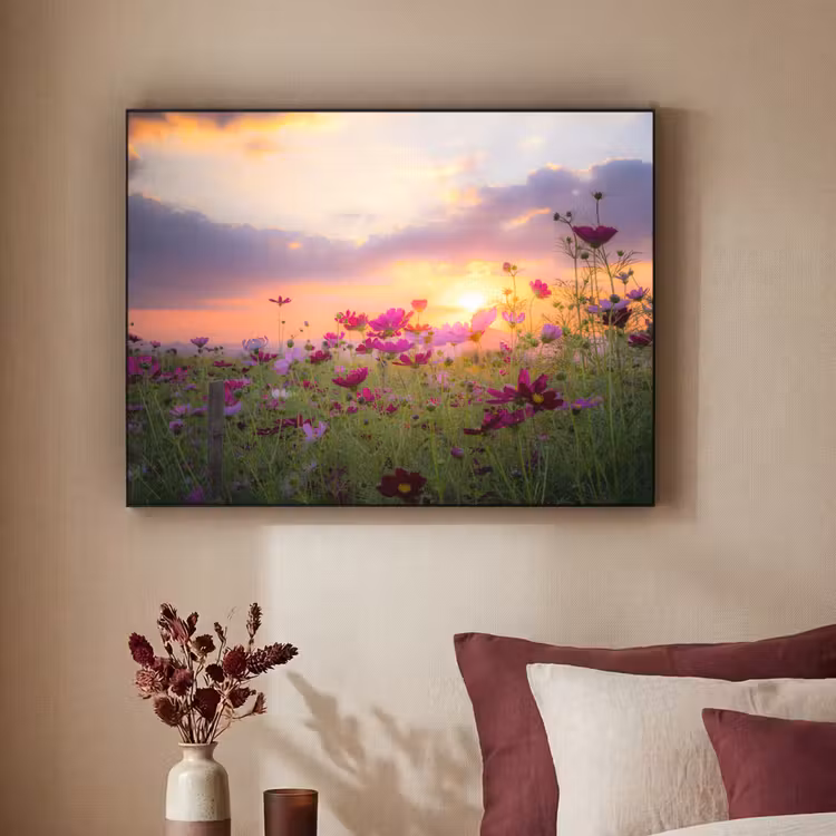 Bloemen - Roze - Zonsondergang - Natuur - Weide - Horizon Textielframe zwart klein -sfeer1