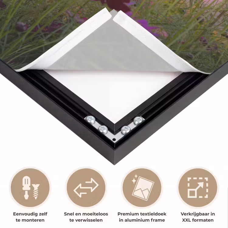 Bloemen - Roze - Zonsondergang - Natuur - Weide - Horizon Textielframe zwart klein -USP_closeupNL