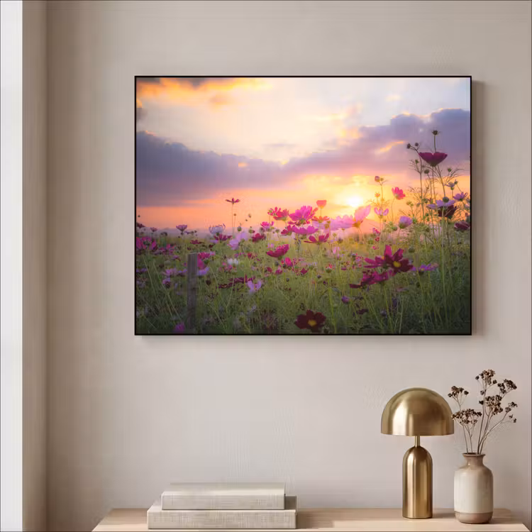 Bloemen - Roze - Zonsondergang - Natuur - Weide - Horizon Textielframe zwart klein -sfeer2