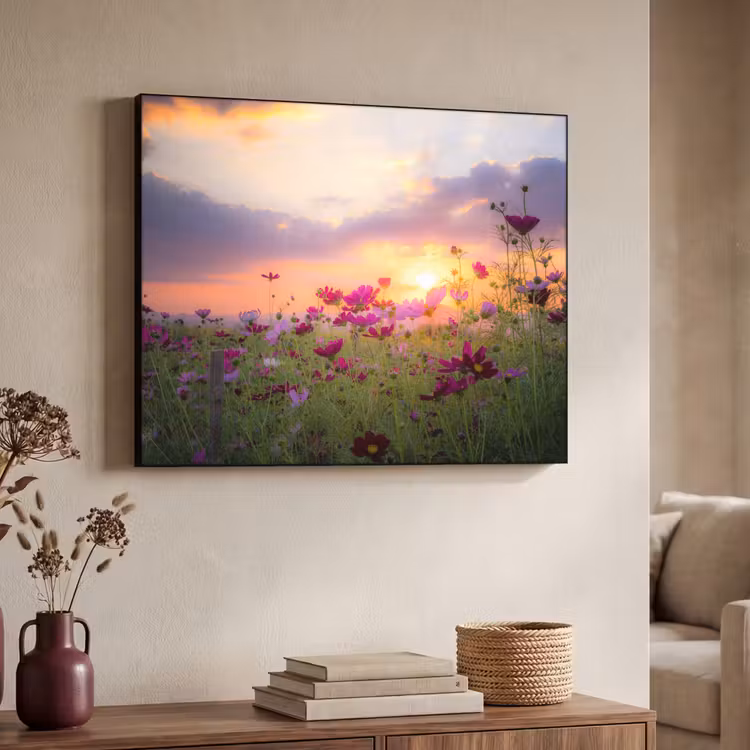 Bloemen - Roze - Zonsondergang - Natuur - Weide - Horizon Textielframe zwart klein -sfeer3