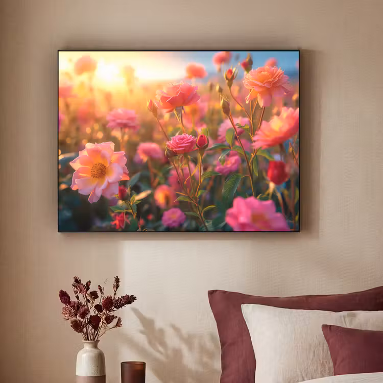 Bloemen - Rozen - Natuur - Roze - Bloem Textielframe zwart klein -sfeer1