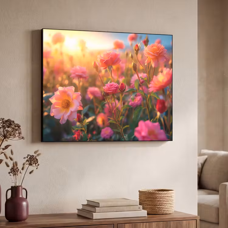 Bloemen - Rozen - Natuur - Roze - Bloem Textielframe zwart klein -sfeer3
