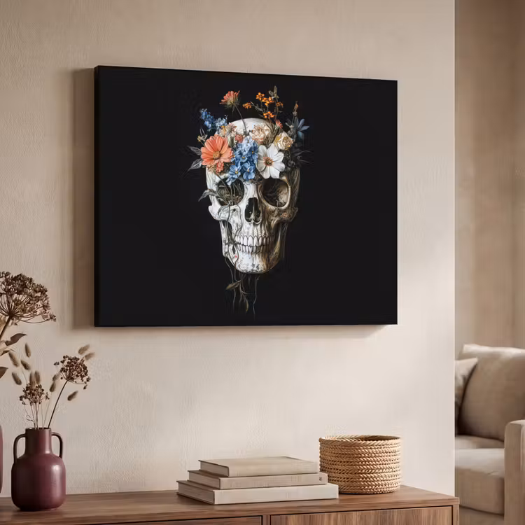 Bloemen - Schedel - Kleurrijk Textielframe zwart klein -sfeer3