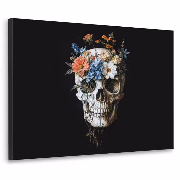Bloemen - Schedel - Kleurrijk Textielframe zwart klein -3d