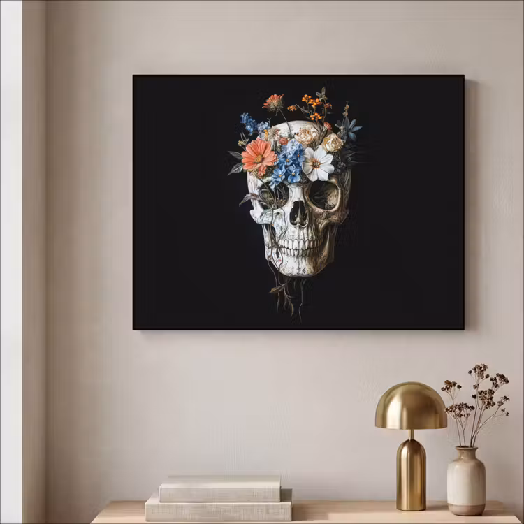 Bloemen - Schedel - Kleurrijk Textielframe zwart klein -sfeer2