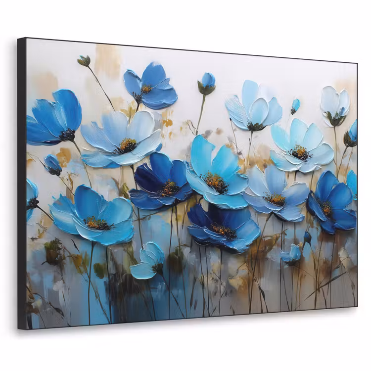 Bloemen - Schilderij - Blauw Textielframe - compleet frame klein -3d