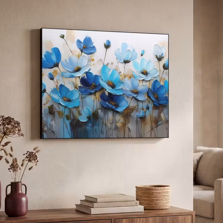 Bloemen - Schilderij - Blauw Textielframe - compleet frame klein -sfeer3