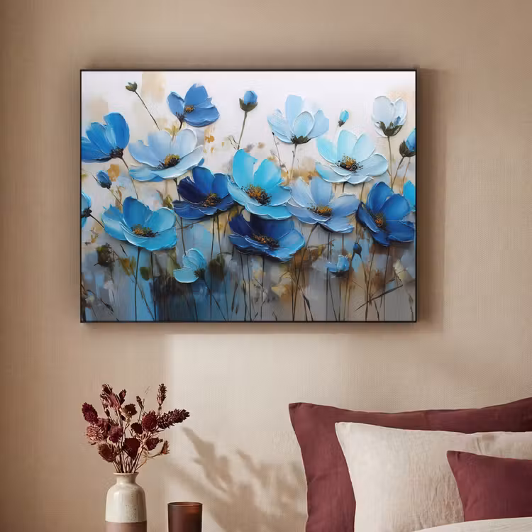 Bloemen - Schilderij - Blauw Textielframe - compleet frame klein -sfeer1