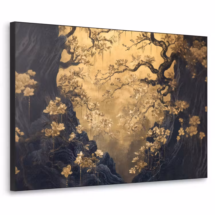 Bloemen - Takken - Goud - Sierlijk Textielframe - compleet frame klein -3d