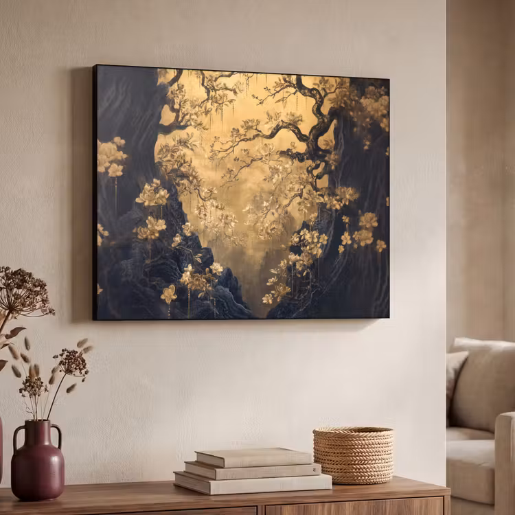 Bloemen - Takken - Goud - Sierlijk Textielframe - compleet frame klein -sfeer3