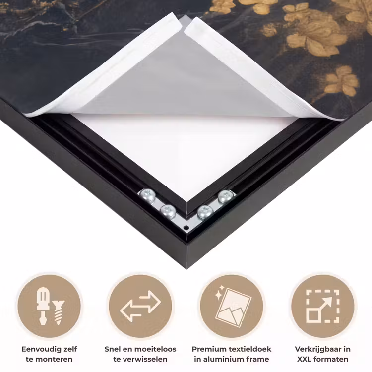 Bloemen - Takken - Goud - Sierlijk Textielframe zwart klein -USP_closeupNL