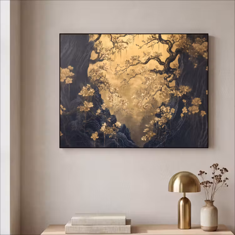 Bloemen - Takken - Goud - Sierlijk Textielframe zwart klein -sfeer2