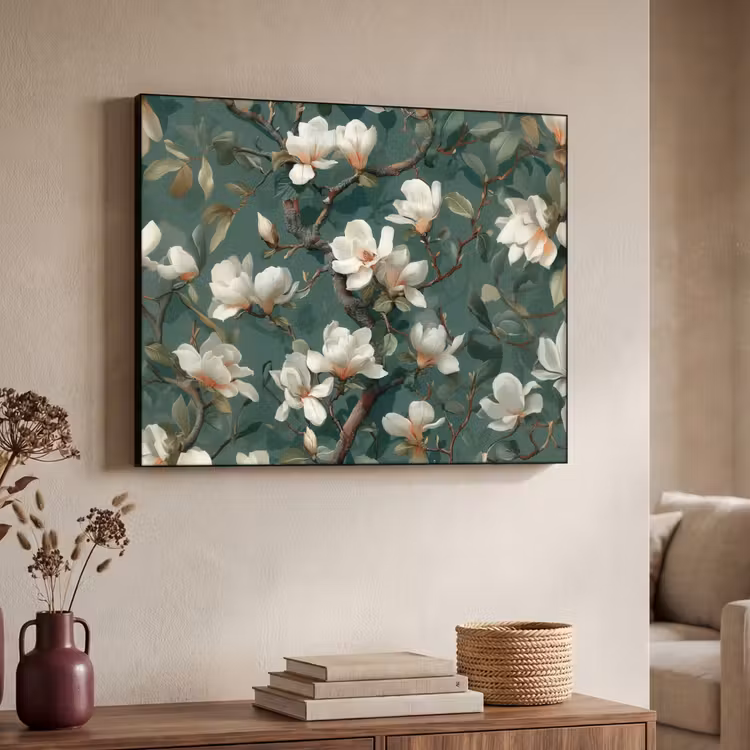Bloemen - Takken - Wit - Klassiek Textielframe zwart klein -sfeer3