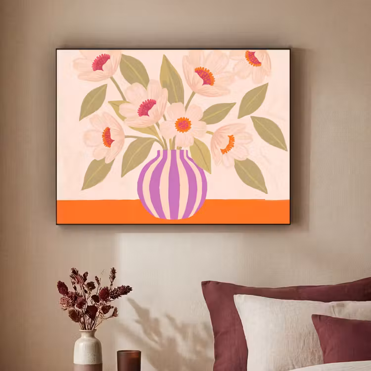 Bloemen - Vaas - Abstract - Paars - Oranje Textielframe zwart klein -sfeer1