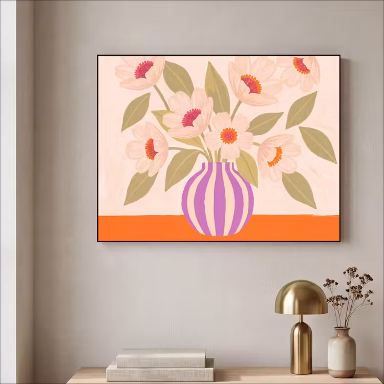 Bloemen - Vaas - Abstract - Paars - Oranje Textielframe zwart klein -sfeer2