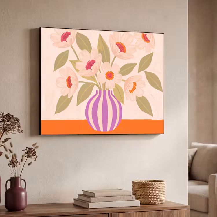 Bloemen - Vaas - Abstract - Paars - Oranje Textielframe zwart klein -sfeer3