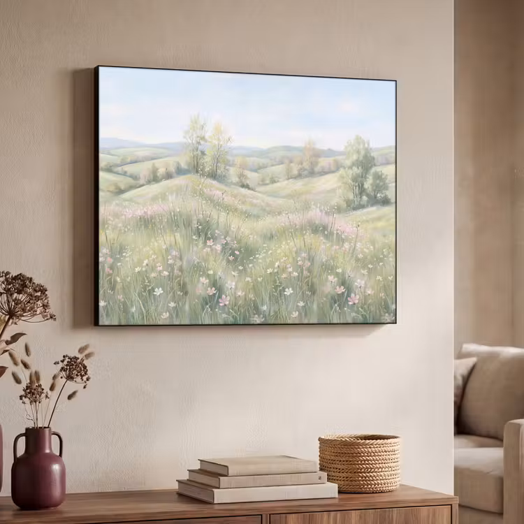 Bloemen veld - Bloemen - Groen Textielframe zwart klein -sfeer3