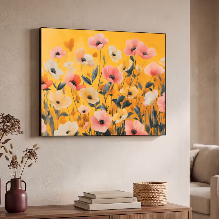 Bloemen - Veld - Geel Textielframe zwart klein -sfeer3