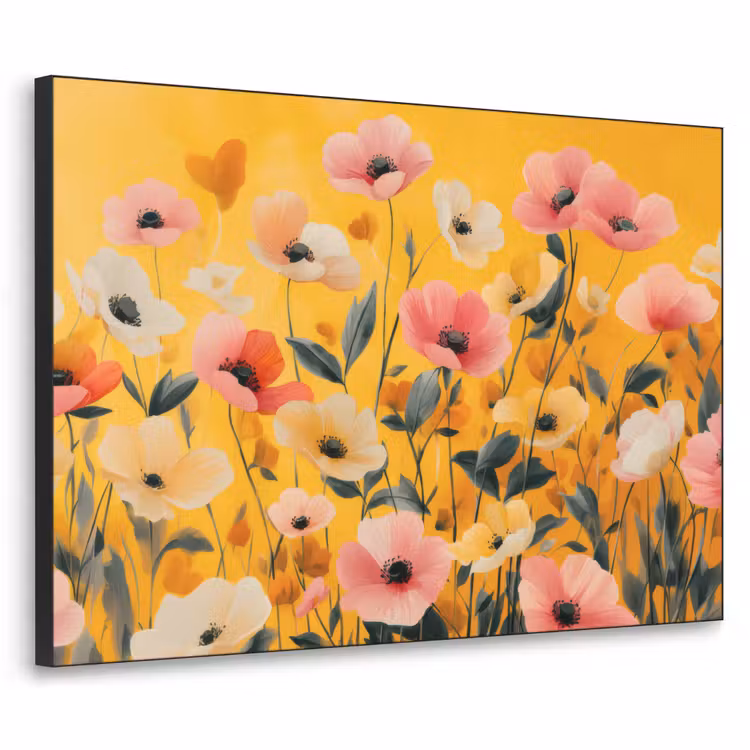 Bloemen - Veld - Geel Textielframe zwart klein -3d