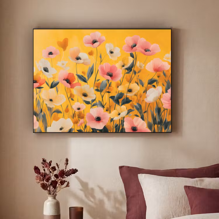 Bloemen - Veld - Geel Textielframe zwart klein -sfeer1