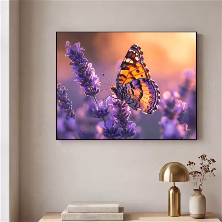 Bloemen - Vlinder - Lavendel - Bloem - Natuur Textielframe zwart klein -sfeer2
