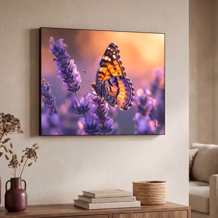 Bloemen - Vlinder - Lavendel - Bloem - Natuur Textielframe zwart klein -sfeer3
