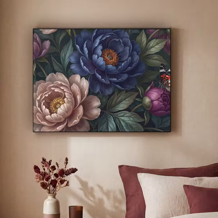 Bloemen - Vlinder - Natuur - Modern - Paars Textielframe zwart klein -sfeer1
