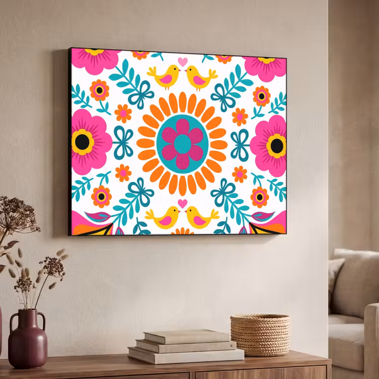 Bloemen - Vogel - Patroon - Kleurrijk - Modern Textielframe zwart klein -sfeer3