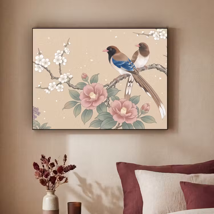 Bloemen - Vogels - Bloemen Textielframe zwart klein -sfeer1