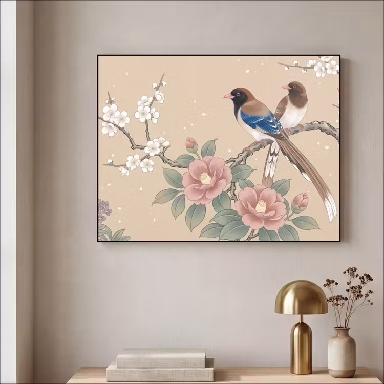 Bloemen - Vogels - Bloemen Textielframe zwart klein -sfeer2