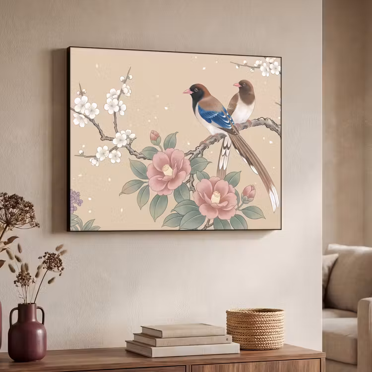 Bloemen - Vogels - Bloemen Textielframe zwart klein -sfeer3