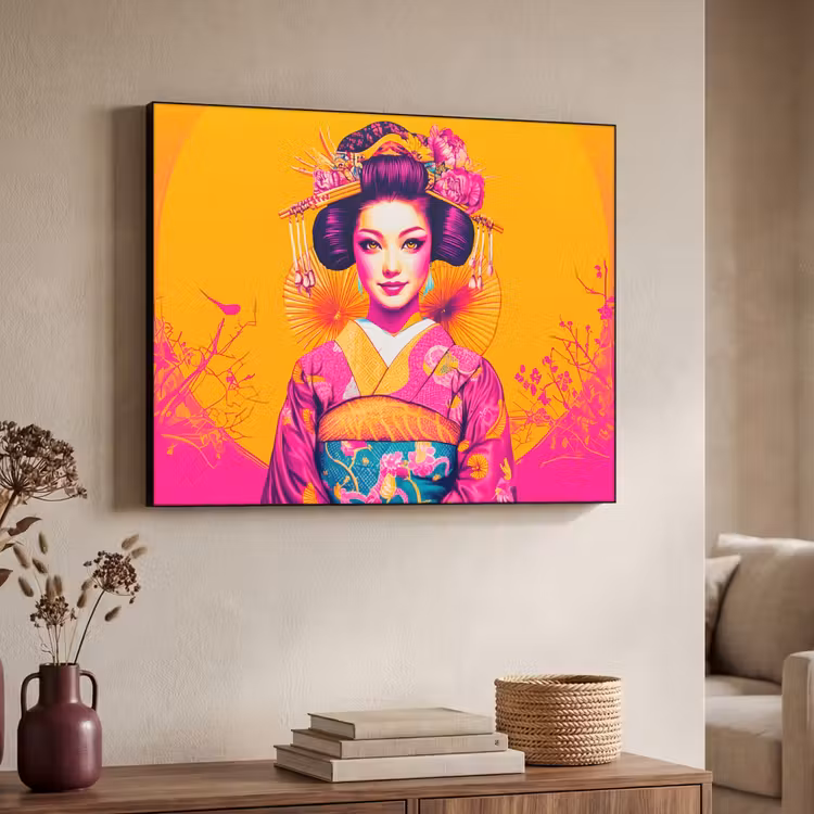 Bloemen - Vrouw - Kimono - Roze Textielframe zwart klein -sfeer3