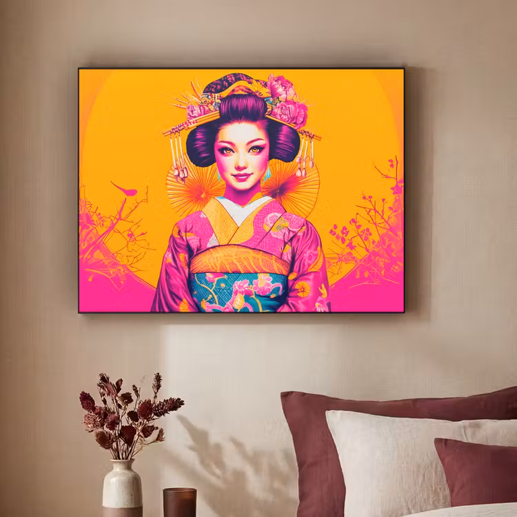Bloemen - Vrouw - Kimono - Roze Textielframe zwart klein -sfeer1