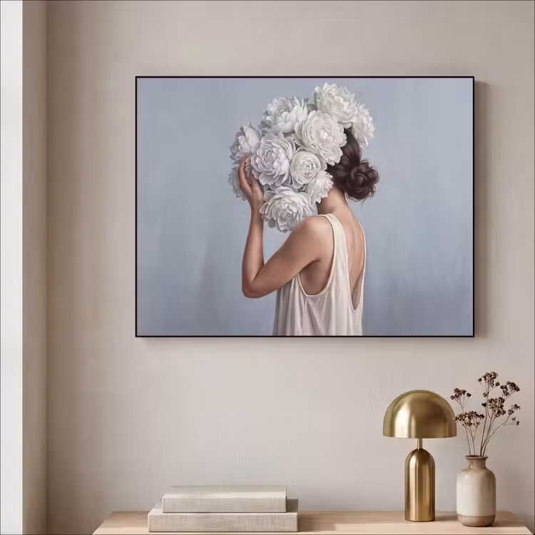 Bloemen - Vrouw - Wit Textielframe zwart klein -sfeer2