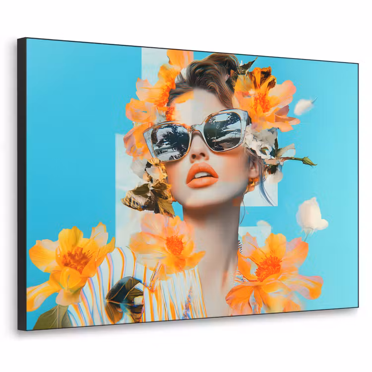 Bloemen - Vrouw - Zonnebril - Blauw Textielframe - compleet frame klein -3d