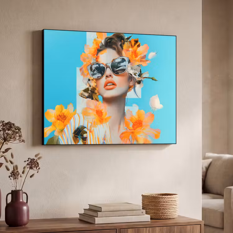 Bloemen - Vrouw - Zonnebril - Blauw Textielframe - compleet frame klein -sfeer3