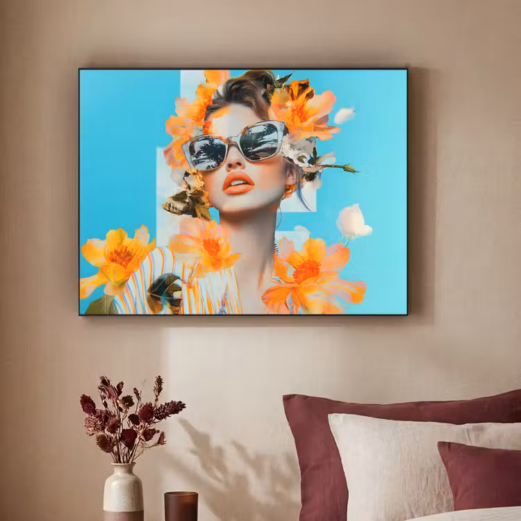 Bloemen - Vrouw - Zonnebril - Blauw Textielframe - compleet frame klein -sfeer1
